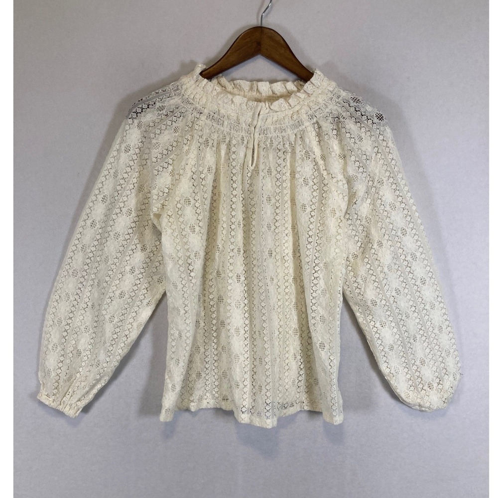 Cottagecore Old Navy Womens XS Ivory Floral Lace Smocked Ruffle‎ Balloon Slv Top
